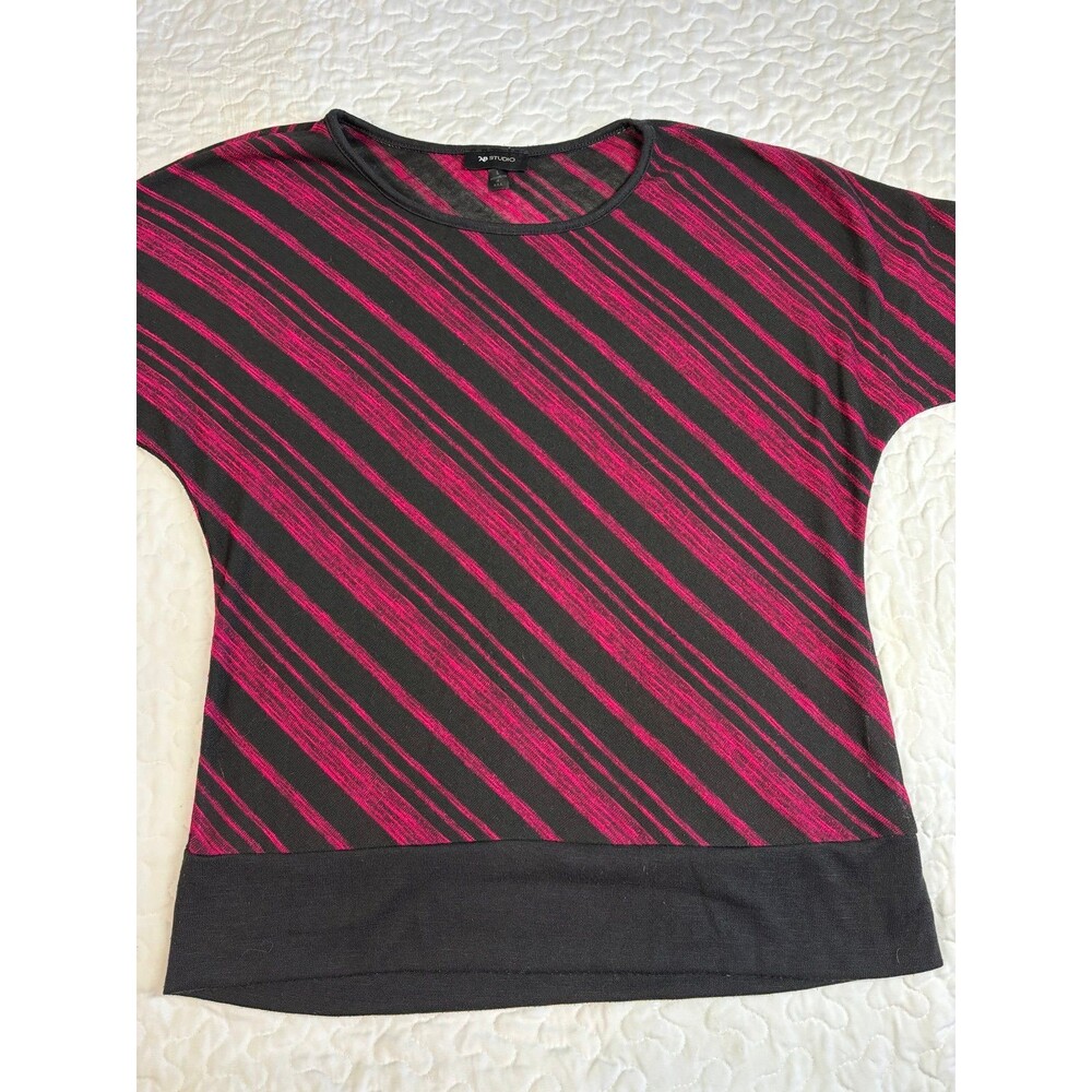 AB Studio Black Red Striped Short Sleeve Knit Blouse size large
